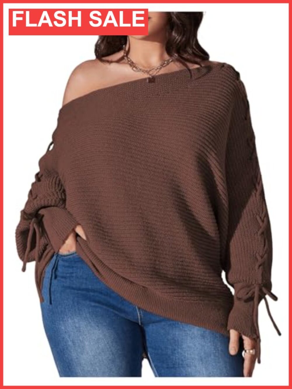 Plus Size Off the Shoulder Knit Sweater Lace Up Pullover Top